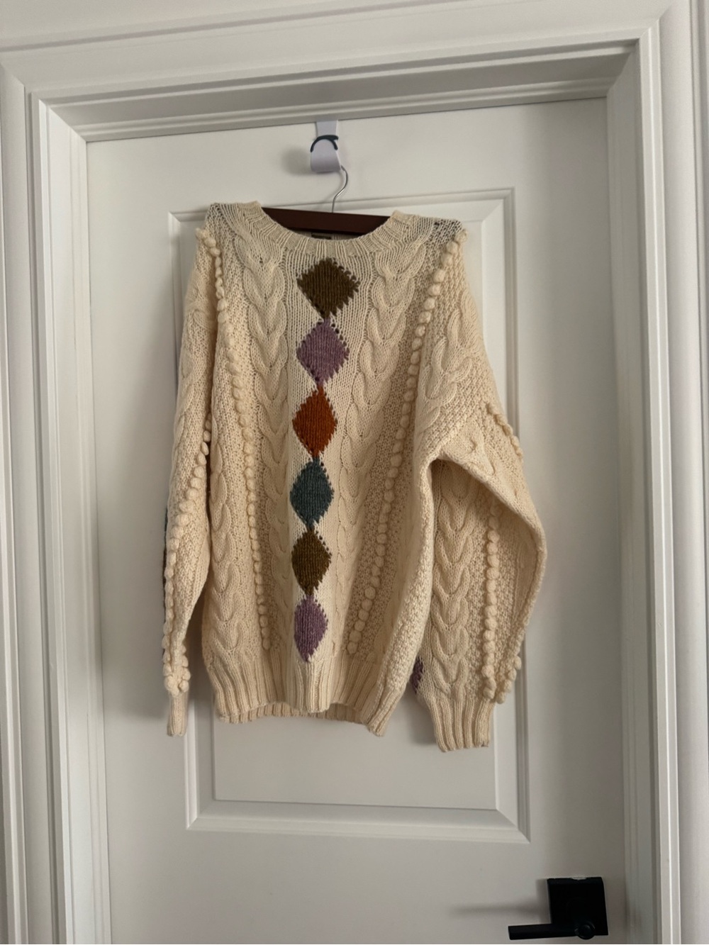 Vintage hand knit Cream Cable wool Sweater with Multicolor Diamond Pattern